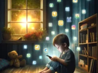 A child sitting on a couch using a smartphone, with a concerned parent observing in the background, highlighting the influence of technology on children.