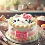 A homemade Hello Kitty-themed cake decorated with white frosting, pink bows, and the iconic Hello Kitty face, placed on a kitchen countertop surrounded by baking tools like a whisk and piping bag.