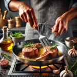 A skillet with perfectly pan-seared lamb loin chops, golden-brown crust, garnished with rosemary and garlic cloves, on a stovetop.
