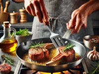 A skillet with perfectly pan-seared lamb loin chops, golden-brown crust, garnished with rosemary and garlic cloves, on a stovetop.