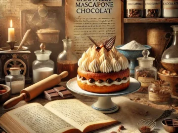 An elegant depiction of the origins of Chantilly Mascarpone Chocolat, featuring the dessert surrounded by vintage baking tools, fresh ingredients, and a rustic European patisserie setting.