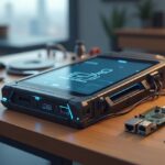 A homemade smartphone built with a Raspberry Pi, touchscreen display, connected wires, and a battery pack, all laid out on a wooden desk—showing the device in mid-construction or powered on.