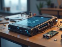 A homemade smartphone built with a Raspberry Pi, touchscreen display, connected wires, and a battery pack, all laid out on a wooden desk—showing the device in mid-construction or powered on.