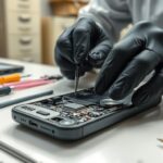 Technician repairing a smartphone using professional tools