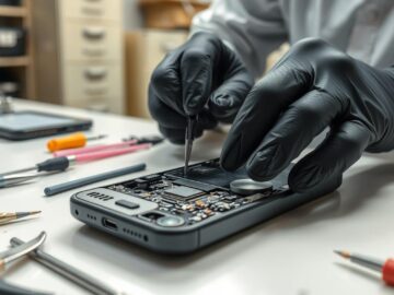 Technician repairing a smartphone using professional tools