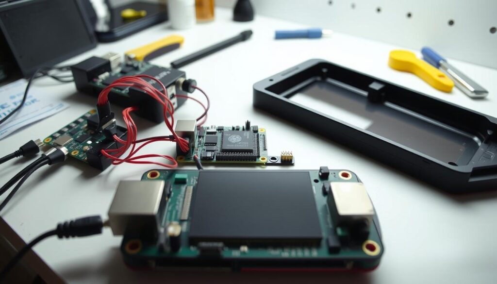A detailed, highly technical step-by-step assembly guide of a Raspberry Pi smartphone. The image shows the process of putting together the various components, including the Raspberry Pi board, display, battery, and custom 3D-printed casing. The foreground focuses on the intricate wiring and precise placement of the delicate electronic parts. The middle ground showcases the partially assembled device, with the display and exterior shell visible. The background depicts a clean, well-lit workbench with tools and other materials used in the DIY project. The lighting is bright and even, highlighting the fine details of the assembly process. The camera angle is positioned to provide a clear, comprehensive view of the entire build, conveying a sense of order and professionalism.
