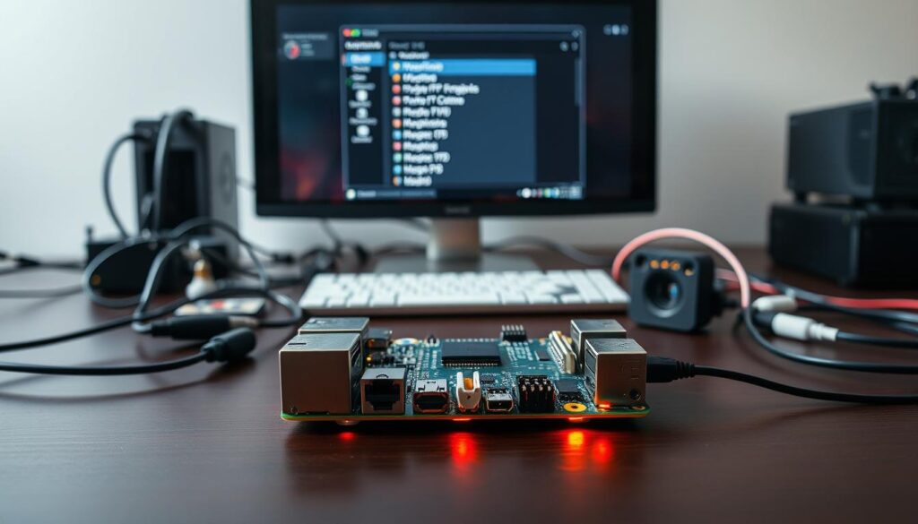 Raspberry Pi phone configuration, a sleek and futuristic workspace. In the foreground, a Raspberry Pi board with its ports and connectors meticulously arranged, casting a warm, technological glow. Surrounding it, an array of wires, cables, and circuit components neatly organized, hinting at the intricate software setup. In the middle ground, a high-resolution display showcases the Raspberry Pi's user interface, displaying various configuration options and settings. The background is a minimalist, clean workspace, with subtle lighting that accentuates the technological aesthetic. The overall scene conveys a sense of precision, innovation, and the potential for a custom, DIY smartphone experience.